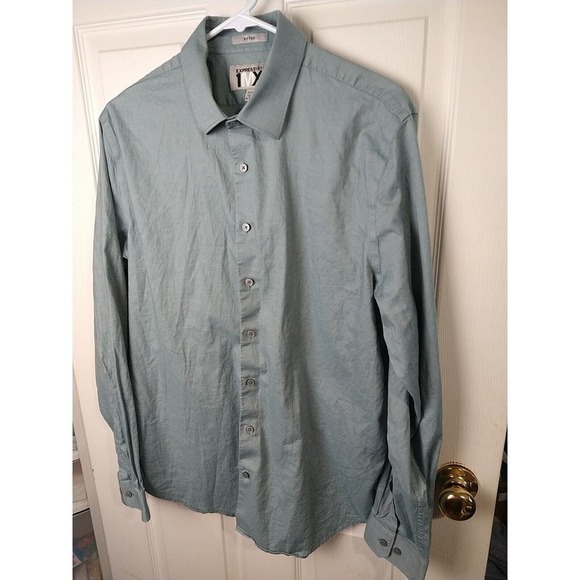 Express Men 1MX Fitted Long Sleeve Collared Button Teal Shirt. Size L - Picture 2 of 12